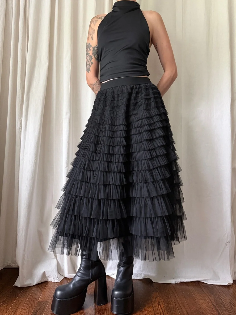 Black Tiered Ruffle Maxi Skirt Size Women's Size Large | Goth Avant Garde
